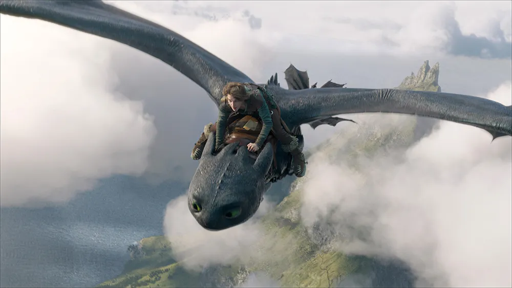 A still image of Hiccups riding the dragon Bubbles in 2025 remake How to Train Your Dragon