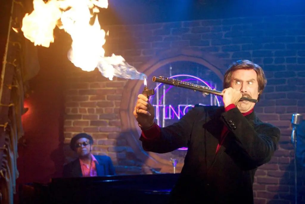 Will Ferrell as Ron Burgundy playing the jazz flute in Anchorman: The Legend of Ron Burgundy